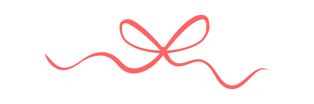 Curly coquette red bow in simple hand drawn style. Cute romantic ribbon knot as girly border and whimsical frame element. Decorative line accent for wedding invite, valentine card or classic