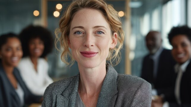 Female diversity. Human rights, equal opportunity concept. A professional portrait of a woman with blonde hair and blue eyes, wearing a textured gray blazer. She is in a relaxed pose.