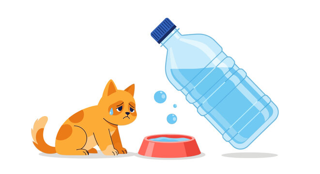 A cute ginger kitten looking at a red water bowl being filled from a plastic bottle. EPS Editable. Vector Illustrations.