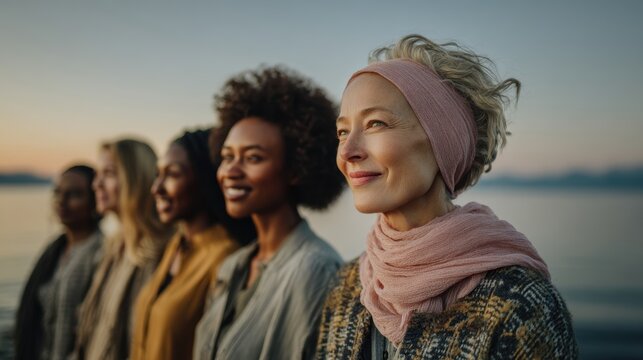 Female diversity. Human rights, equal opportunity concept. A candid portrait of a group of women standing outdoors at sunset. The woman in the foreground wears a pink headband and a textured sweater.