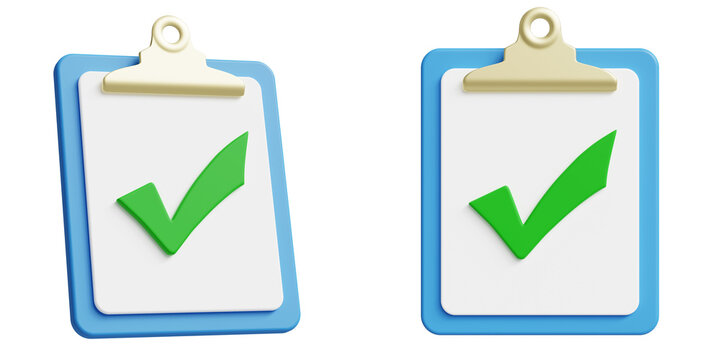 3D illustration of a clipboard with a checkmark symbolizing completed task, approval and verification. Productivity, checklist and task management concept isolated on transparent background.