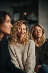 Fototapeta premium Female diversity. Human rights, equal opportunity concept. A candid portrait of three women seated in a dimly lit room. The main subject is a woman with curly blonde hair, wearing a beige.