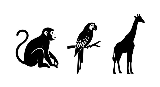 Silhouettes of a monkey, parrot, and giraffe in a simple, clean design.
