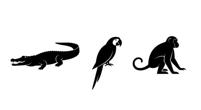 Silhouettes of a crocodile, parrot, and monkey against a white background