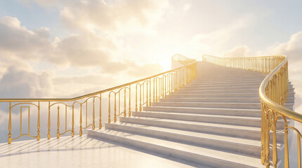 Obraz premium White Staircase With Golden Railings Leading Into Bright Sky Aspiration Concept Success Dream Freedom Rise