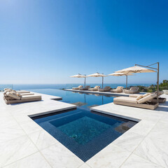 Fototapeta premium Expansive Geometric Pool With Sleek Lines Infinity Design Marble Deck and Luxury Outdoor Resort Living