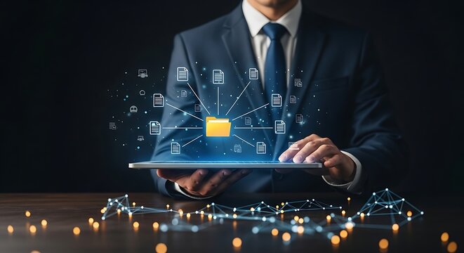 Businessman managing digital files and data organization with a tablet, illustrating cloud storage and information networking concepts.