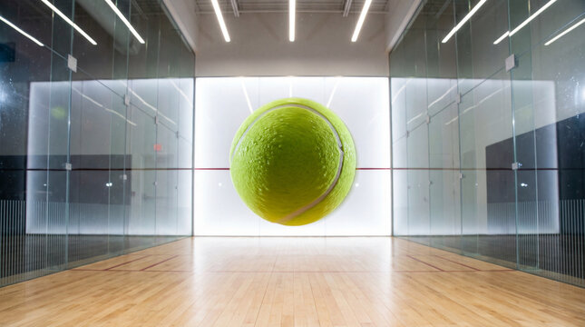 Vibrant racquetball ball suspended dramatically in mid-air its textured surface glistening under studio lights