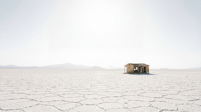 Endless salt flat landscape under a blinding white sun with no visible shadow for miles