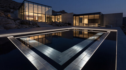 Fototapeta premium Sleek Ultra Modern Pool With Dark Waters and Silver Tiles Minimal Lighting Luxury Architecture Design