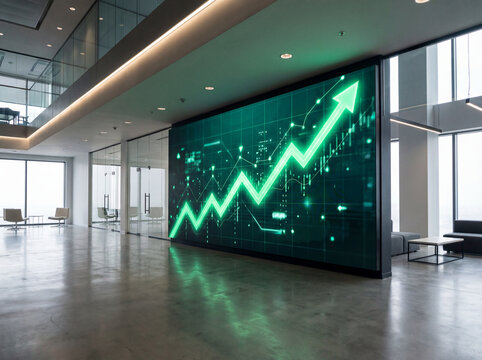 Upward trend graph displayed on large digital billboard in empty modern office lobby corporate space