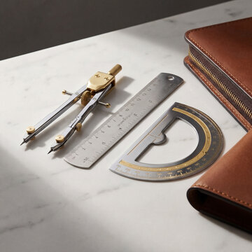 Geometry Set With Compass Ruler and Protractor on White Surface With Metallic Highlights Refined