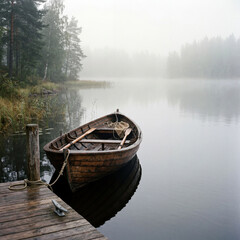 Obraz premium Wooden Boat Moored on a Peaceful Foggy Lake No Human Serene Nature Scene Calm Reflection