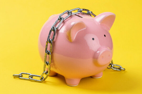 Pink piggy bank with thick metal chain wrapped around its body.