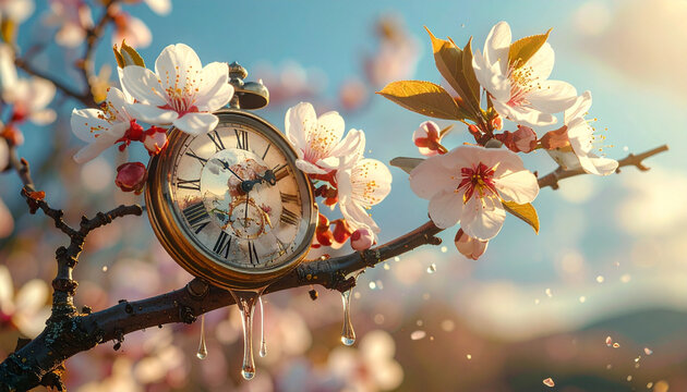 Surreal pocket watch melting on a blooming cherry blossom tree branch