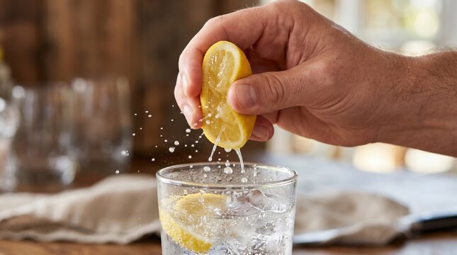 Hand squeezing fresh lemon into a glass, enhancing drink with citrus flavor and promoting healthy hydration and wellness.