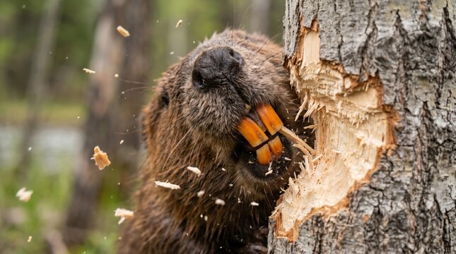Beaver gnawing on tree, demonstrating habitat alteration and forest ecosystem impact through log felling activities.