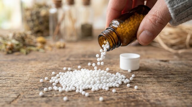 White homeopathic globules on wooden table with brown glass bottle, representing alternative medical treatments and natural healing.