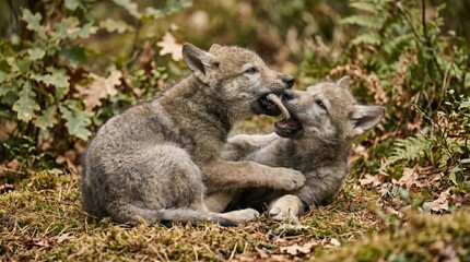 Fototapeta premium Young wolf pups engage in playful behavior, demonstrating social bonds and development in a natural forest setting.