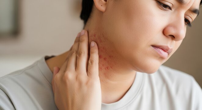 Close-up of neck dermatitis exhibiting redness and inflammation. Commonly caused by allergic reactions or skin conditions.
