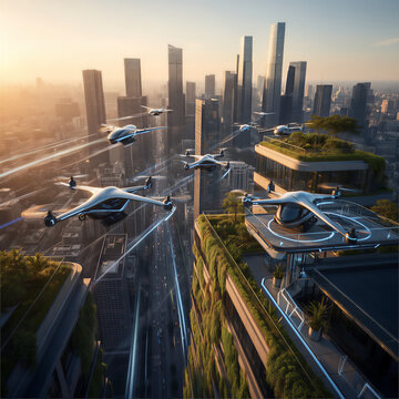 Aerial View of Future Smart City with Flying Electric Taxis and Sustainable Green Architecture, Urban Air Mobility System