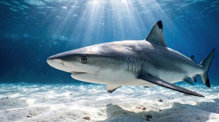 Fototapeta premium Shark swimming in ocean depths highlights marine ecosystem balance and conservation efforts.