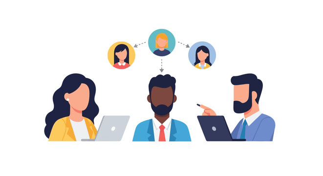 Diverse professional team collaborating on business projects with digital communication. EPS Editable. Vector Illustrations.