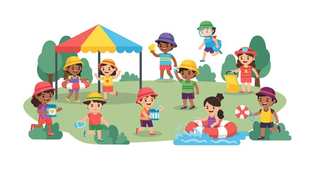 Naklejka premium Group of diverse children playing happily in a sunny outdoor summer camp setting. EPS Editable. Vector Illustrations.