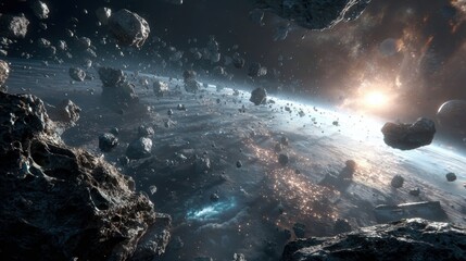 Fototapeta premium Space universe exploration, fantasy. A vivid, detailed depiction of a vast space scene. The main subject is a vast expanse of rocky terrain, with numerous asteroids scattered throughout.