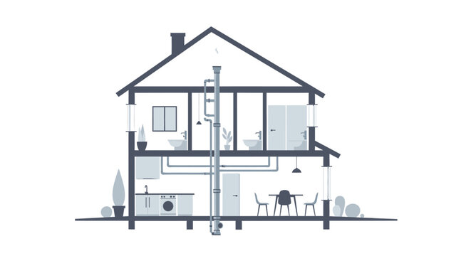 House Plumbing System Cross-Section Illustration with Internal Pipes and Drainage Infrastructure