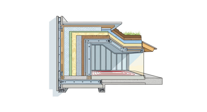 Technical cutaway illustration of a modern energy-efficient building wall and green roof system, featuring multi-layer insulation and underfloor heating detail.
