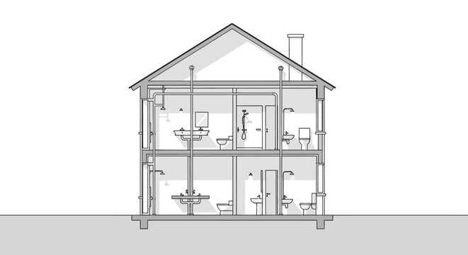 House Plumbing Cross-Section Diagram - Residential Water and Drainage System Schematic Illustration
