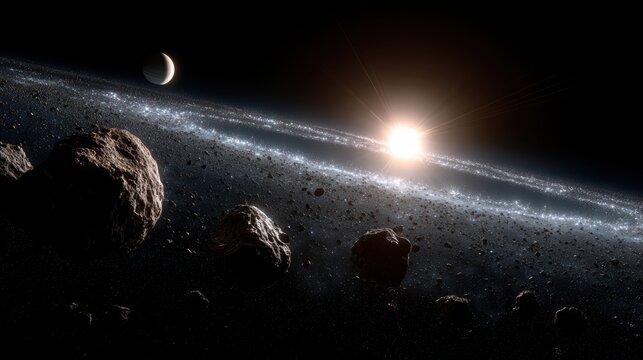 Space universe exploration, fantasy. A detailed, realistic depiction of a celestial scene. The main subject is a vast expanse of rocky terrain with numerous asteroids scattered across it.