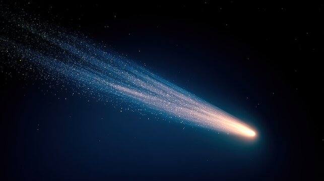 Space universe exploration, fantasy. A digital artwork depicts a celestial scene. A bright, radiant comet streaks across a dark, starry night sky. The comets tail is a gradient of blue and orange.