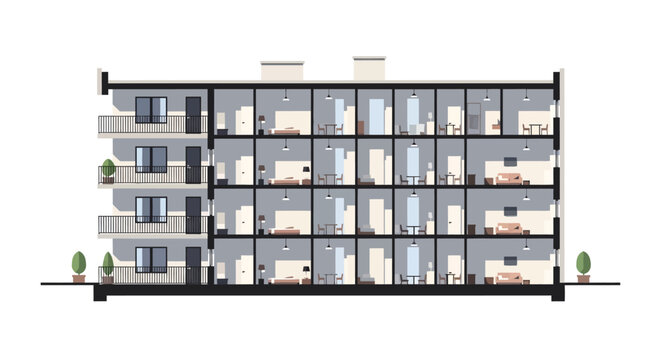 Modern Architectural Cross-Section of Multi-Story Residential Apartment Building, Interior Cutaway Illustration of Flat Block with Furniture Layout Isolated on White Background