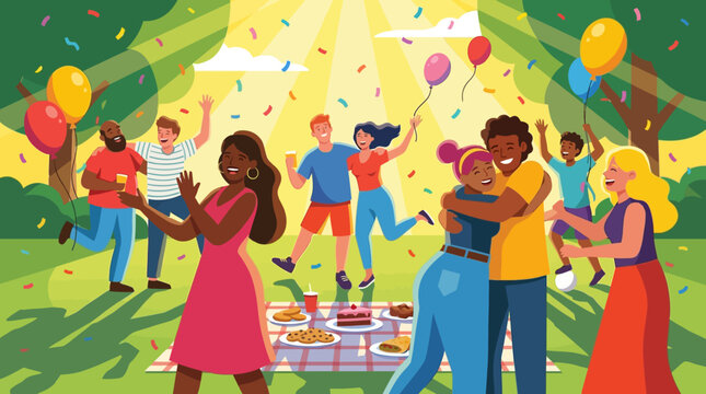 Group of diverse friends celebrating together at an outdoor summer picnic party. EPS Editable. Vector Illustrations.