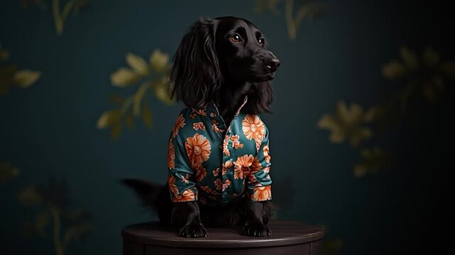 Dog Wearing Floral Shirt Portrait.