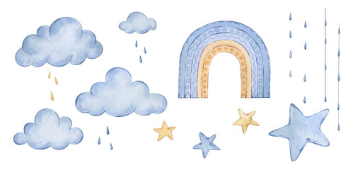 Naklejka premium Set of watercolor weather elements. Hand drawn clipart in pastel clouds, rainbow, stars, and raindrops for nursery decor and baby shower designs, greeting card and dreamy themes isolated on white.