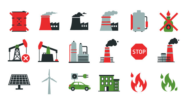 Set of environmental pollution and renewable energy icons. EPS Editable. Vector Illustrations.
