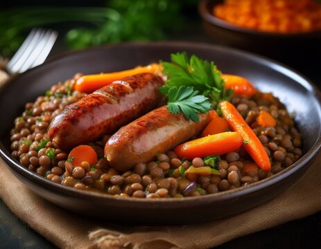 chipolata sausages cooked with lentils and carrots generative ai