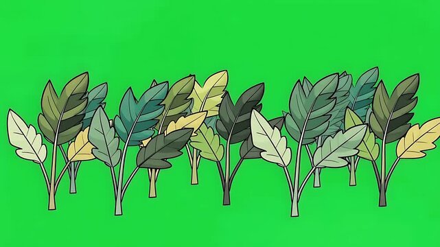 Stylized Green Leaves Array on Green Screen Background. Diverse Foliage Elements in Flat Vector Cartoon Style.