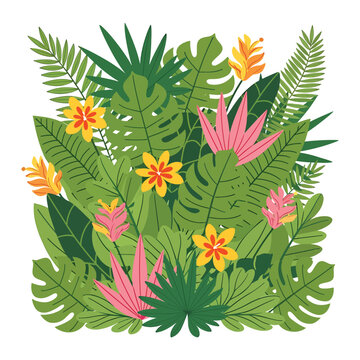 Tropical leaves and colorful flowers bloom.