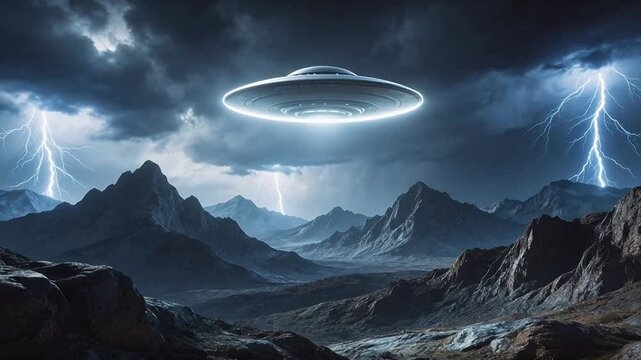 UFO over mountain landscape with lightning