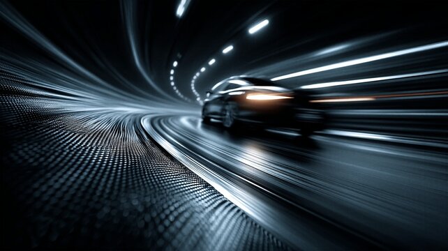 Modern black luxury car speeding through a futuristic tunnel with motion blur. High tech transportation concept featuring sleek metallic textures and white light trails.