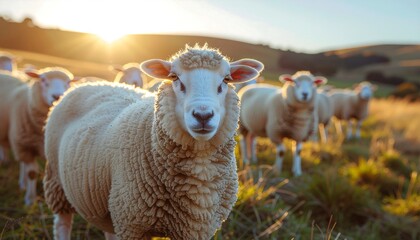 Fototapeta premium Close-up of a majestic white sheep in a sun-drenched field with its flock, embodying the reverence and tradition of Eid al-Adha celebrations
