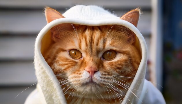close up orange cat with a grumpy face wearing a white hoodie