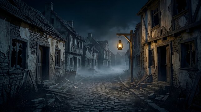 Misty Cobblestone Street: Lantern's Glow in an Abandoned Old Town