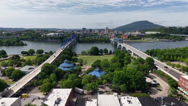 Aerial view of Walnut Street Bridge and Coolidge Park in Chattanooga Tennessee