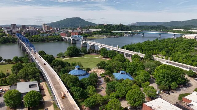 Aerial view of Walnut Street Bridge and Coolidge Park in Chattanooga Tennessee