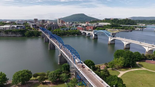 Aerial view of Walnut Street Bridge and Tennessee River in Chattanooga Tennessee